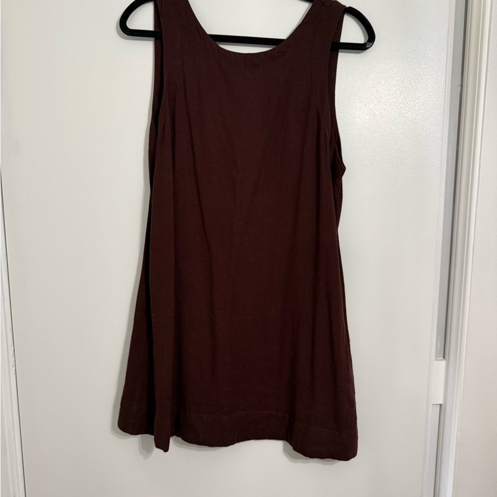 Linen Mini Dress, Summer, M, with Pockets,  Brown Sleeveless Dress